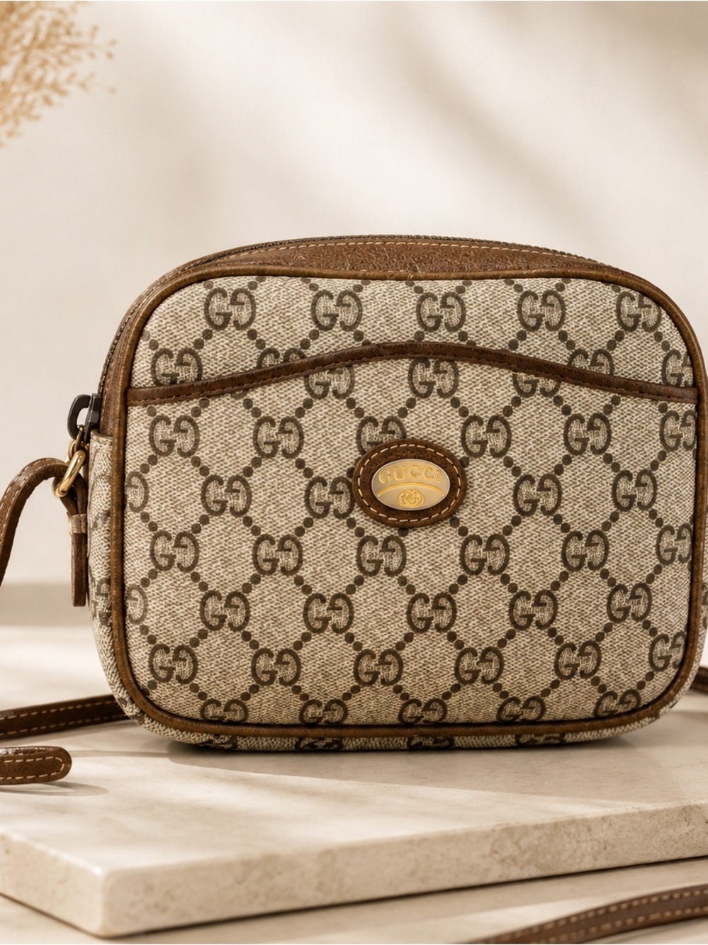 Gucci Plus Vintage GG Mono Crossbody Camera Bag Beige Brown Coated Canvas